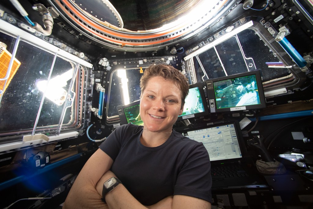 NASA astronaut Anne McClain takes a break for a portrait inside the cupola while practicing Canadarm2 robotics maneuvers and Cygnus spacecraft capture techniques.