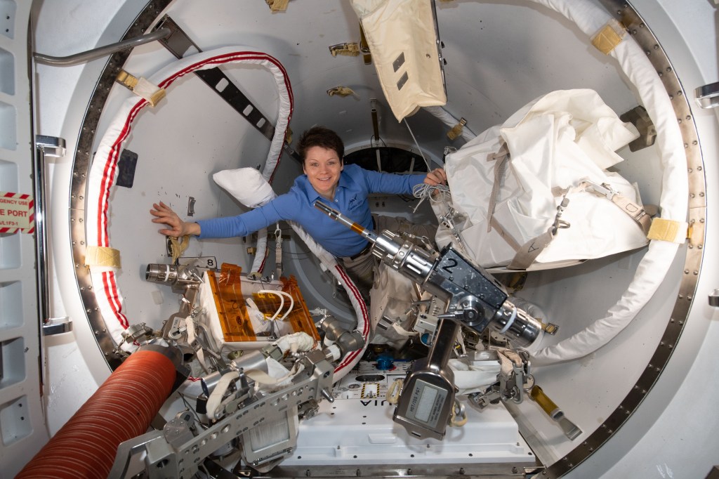 NASA astronaut Anne McClain works inside the crew airlock portion of the U.S. Quest airlock before the Expedition 59 crew members would begin a series of spacewalks to upgrade power systems on the International Space Station. Quest is divided into two parts. The equipment lock is where spacewalkers configure their tools and suit up in their U.S. spacesuits. The crew lock is the unit that is depressurized and repressurized and contains the hatch where the spacewalkers exit into the vacuum of space.