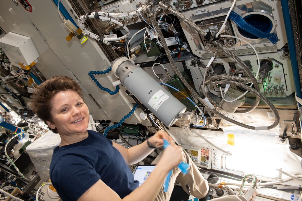 NASA astronaut Anne McClain works with Photobioreactor hardware for a study demonstrating that microalgae could be used to support hybrid life support systems in space. This hybrid approach could be helpful in future long-duration exploration missions, reducing the amount of consumables required from Earth.