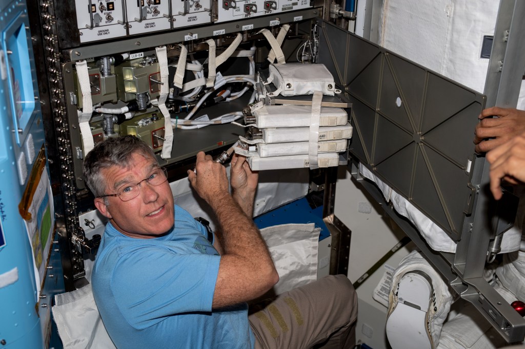 iss068e067396 (March 5, 2023) --- NASA astronaut and Expedition 68 Flight Engineer Stephen Bowen is pictured conducting maintenance activities during his first week aboard the International Space Station. This is Bowen's fourth visit to the orbital outpost.