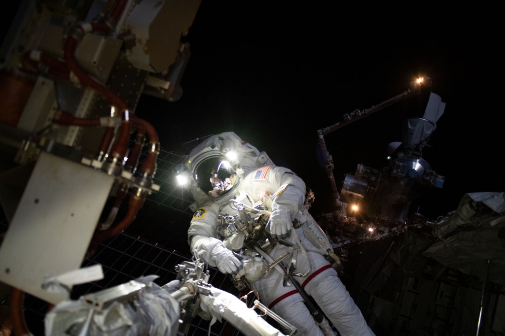 iss068e022456 (Nov. 15, 2022) --- NASA astronaut and Expedition 68 Flight Engineer Josh Cassada is pictured suited up in his Extravehicular Mobility Unity (EMU), or spacesuit, during a seven-hour and 11-minute a spacewalk to ready the International Space Station's starboard truss structure for future rollout solar array installation work. Credit: Frank Rubio/NASA