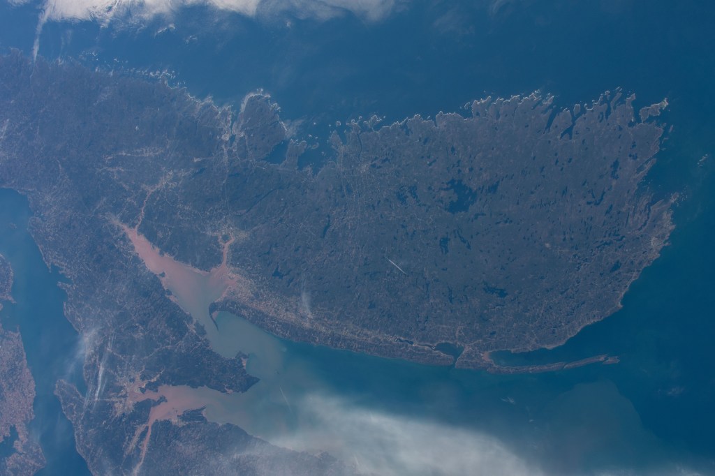 Portions of the Canadian provinces of Nova Scotia and New Brunswick separated by the Bay of Fundy are pictured as the International Space Station orbited 257 miles above the North American continent.