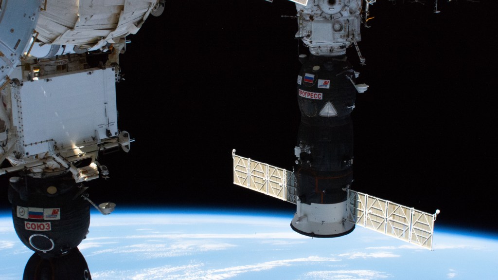 Russia's Progress 72 (72P) resupply ship is pictured docked to the International Space Station's Pirs docking compartment as the orbital complex flew 256 miles above the Atlantic Ocean. The 72P had launched from Kazakhstan a few hours earlier delivering 3.7 tons of food, fuel and supplies for the Expedition 59 crew. At bottom left is the Soyuz MS-12 crew spacecraft docked to the Rassvet module.
