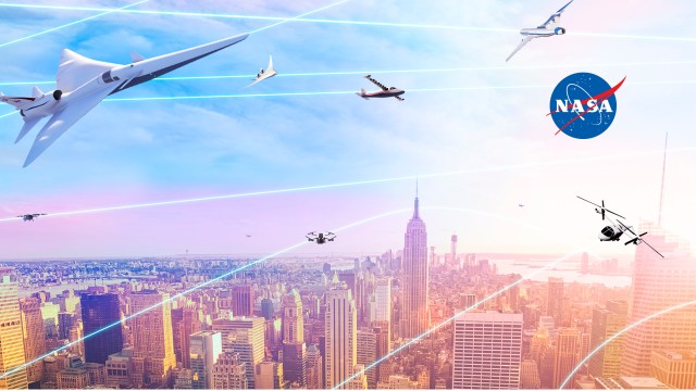 City scape of New York City at sunrise with multiple airplanes and other flying vehicles