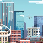 Graphic of a cityscape with various UAVs flying around, including a white drone with a NASA logo in the left foreground