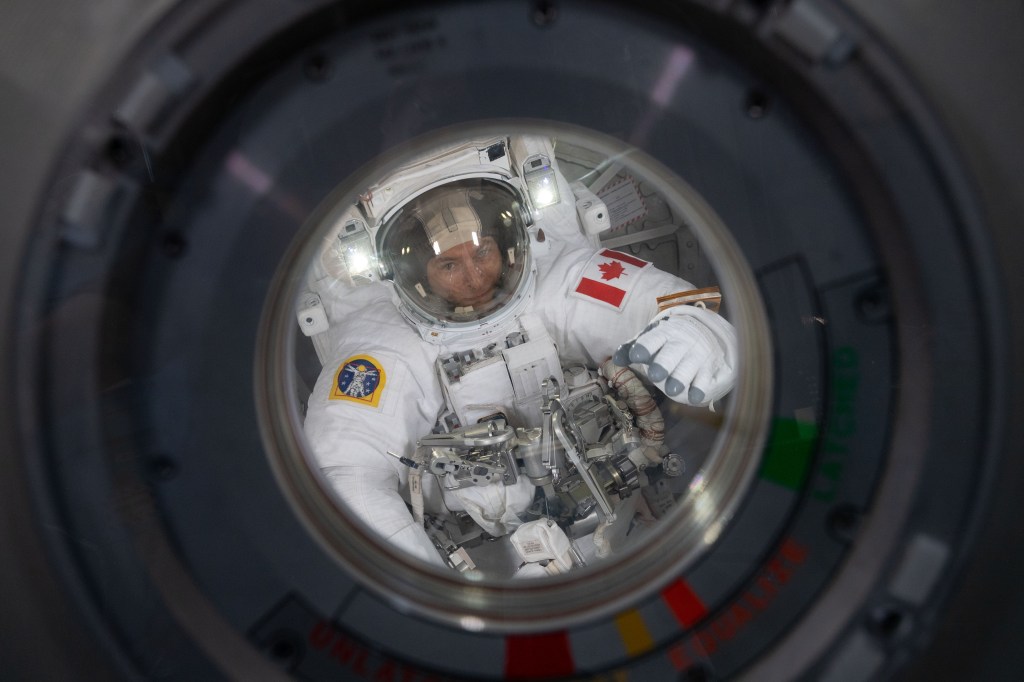 Expedition 59 Flight Engineer David Saint-Jacques of the Canadian Space Agency is seen inside the Quest airlock at the beginning of his first spacewalk. In a six and a half hour spacewalk, Saint-Jacques and NASA astronaut Anne McClain successfully established a redundant path of power to the Canadian-built robotic arm, known as Canadarm2, and installed cables to provide for more expansive wireless communications coverage outside the orbital complex, as well as for enhanced hardwired computer network capability. The duo also relocated an adapter plate from the first spacewalk in preparation for future battery upgrade operations.