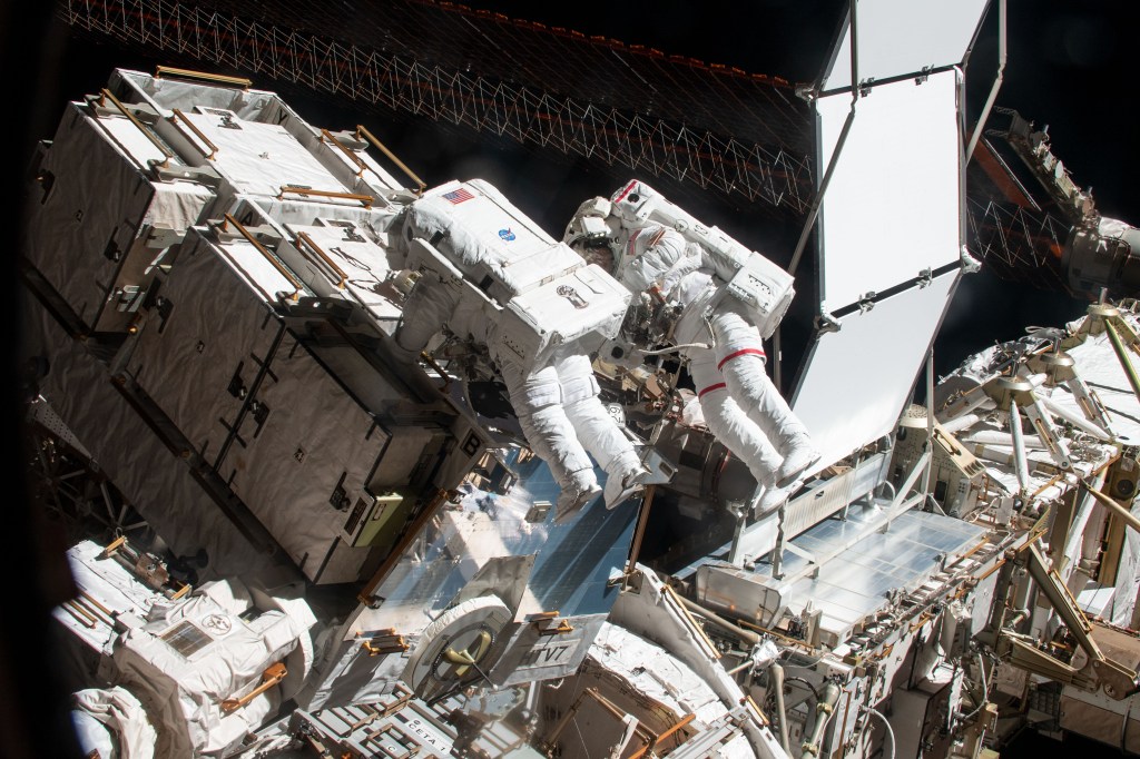 Spacewalkers and NASA astronauts Christina Koch and Nick Hague (suit with red stripe on legs) retrieve hardware from a pallet delivered on the Japan Aerospace Exploration Agency's (JAXA) HTV-7 (H-II Transfer Vehicle-7) to continue upgrading the International Space Station's power storage capacity. The duo worked outside in the vacuum of space for six hours and 45 minutes to continue swapping batteries and install adapter plates on the station's Port-4 truss structure.