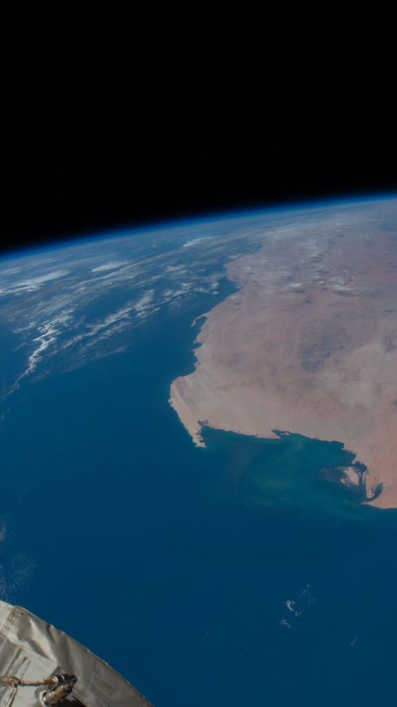 The Atlantic coast of the nations of Mauritania and Western Sahara is pictured as the International Space Station orbited 255 miles off the coast of Africa.
