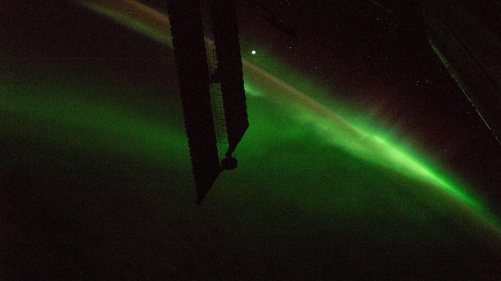 The aurora australis, also known as the "southern lights," is pictured as the International Space Station orbited 264 miles above the Indian Ocean south of the Western Australia city of Perth.