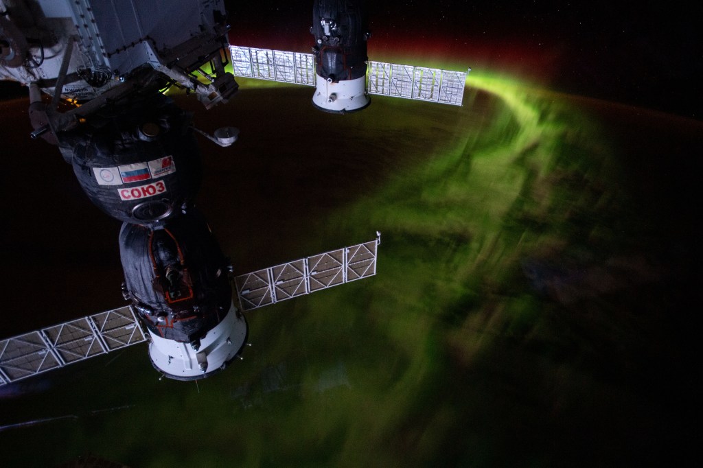 The International Space Station was orbiting 269 miles above the Indian Ocean southwest of Australia when this nighttime photograph was taken of the aurora australis, or "southern lights." Russia's Soyuz MS-12 crew ship (foreground) and Progress 72 resupply ship are seen in this mesmerizing view.