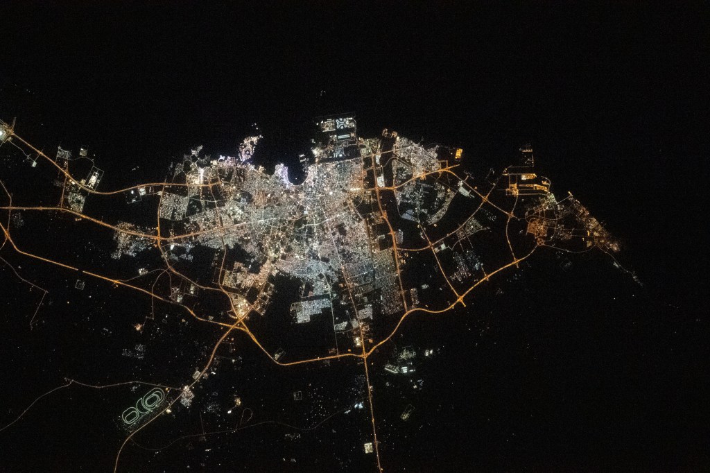 iss068e043827 (Jan. 30, 2023) --- The city lights of Doha, Qatar, are pictured from the International Space Station as it orbited 261 miles above the Arabian Peninsula.