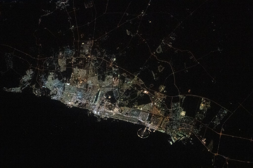 iss068e026591 (Dec. 4, 2022) --- The city lights of Dubai, United Arab Emirates, on the coast of the Persian Gulf are pictured from the International Space Station as it orbited 258 miles above.