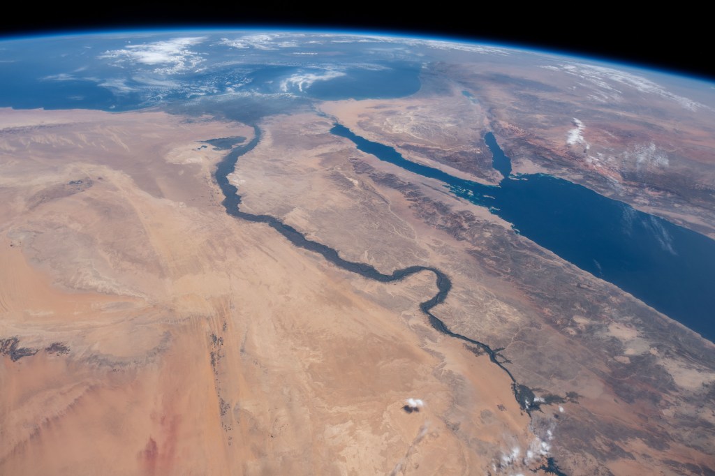The Nile River, Red Sea and Mediterranean Sea are contrasted by the desert nations of Egypt, Saudi Arabia, Israel and Jordan as the International Space Station orbits 254 miles above Africa.