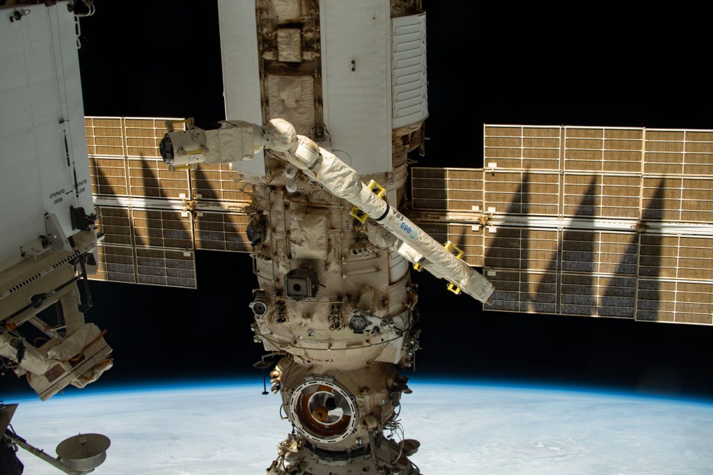 iss068e024067 (Nov. 25, 2022) --- The European robotic arm is pictured extending out from the International Space Station's Nauka multipurpose laboratory module.