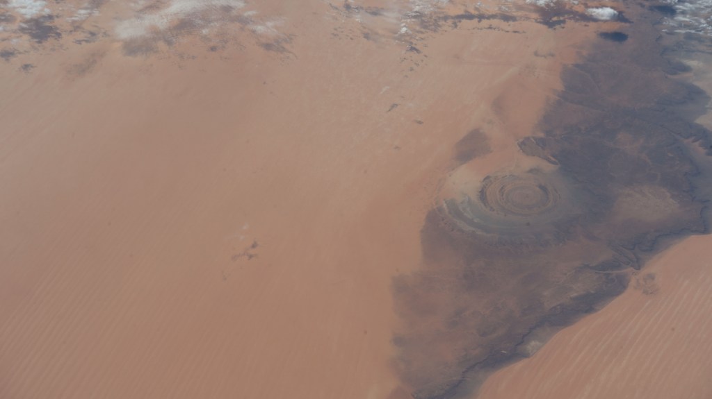 iss068e025663 (Nov. 30, 2022) --- The Richat Structure, or the "Eye of the Sahara," in northwestern Mauritania is pictured from the International Space Station as it orbited 259 miles above the African continent.