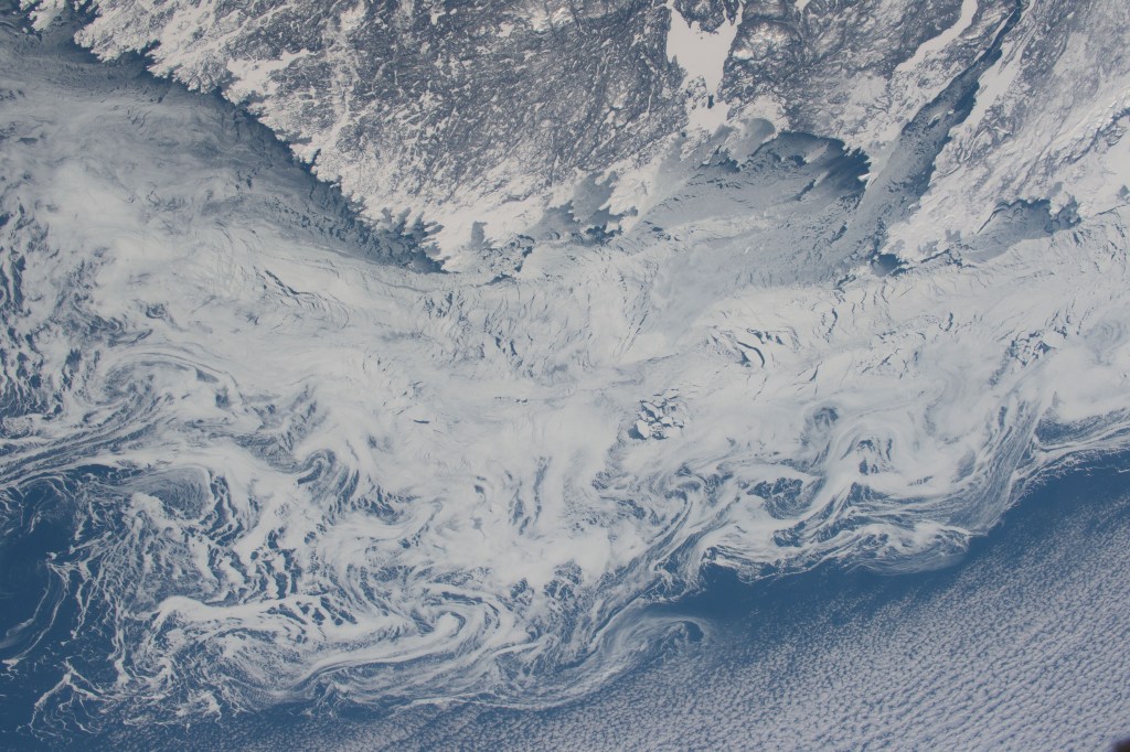 iss068e047138 (Feb. 7, 2023) --- The frozen coast of far eastern Canada and an icy Gulf of St. Lawrence are pictured from the International Space Station as it orbited 265 miles above Quebec.