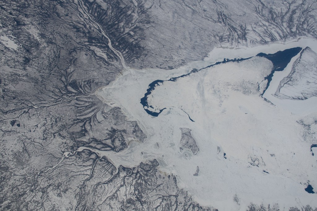 The frozen southern tip of Hudson Bay, which lies in between Ontario and Quebec, is pictured as the International Space Station orbited 258 miles above Canada.