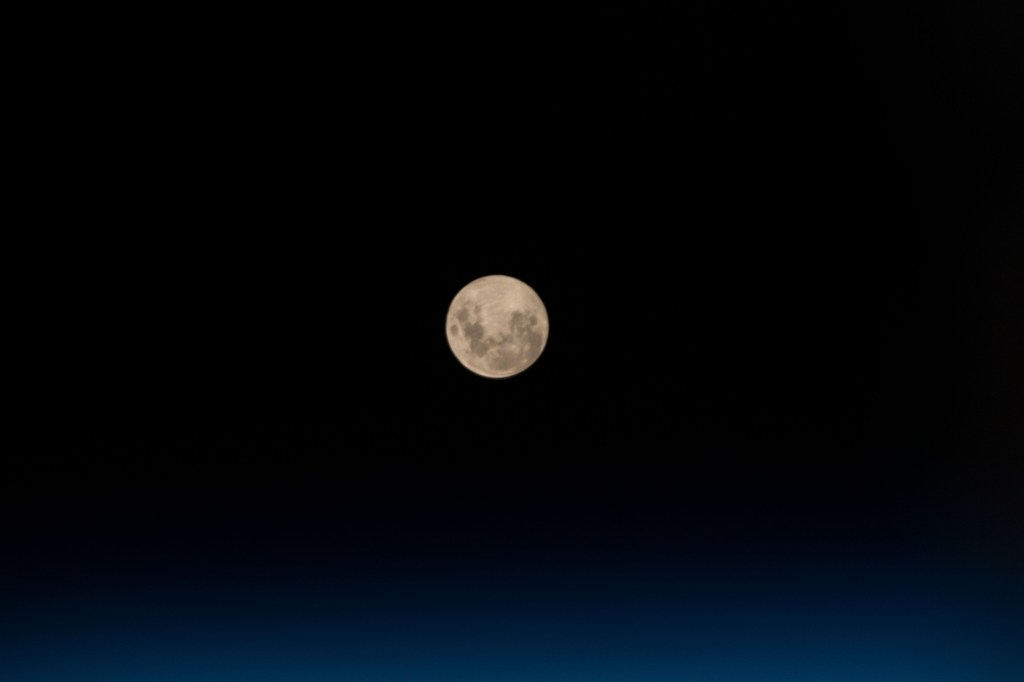 The full moon is pictured from the International Space Station as the orbiting complex orbited 263 miles above the South Atlantic Ocean.