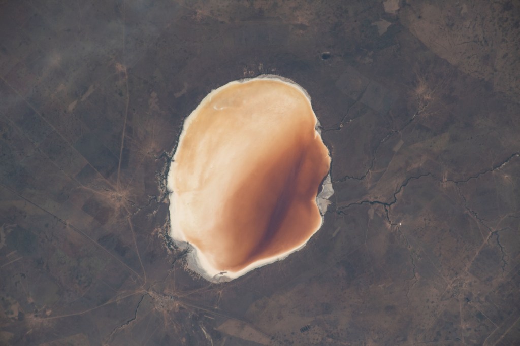 The highly saline Lake Elton in Russia, near the border with Kazakhstan, is the largest mineral lake in Europe. It was photographed from an altitude of 258 miles above the Earth's surface.