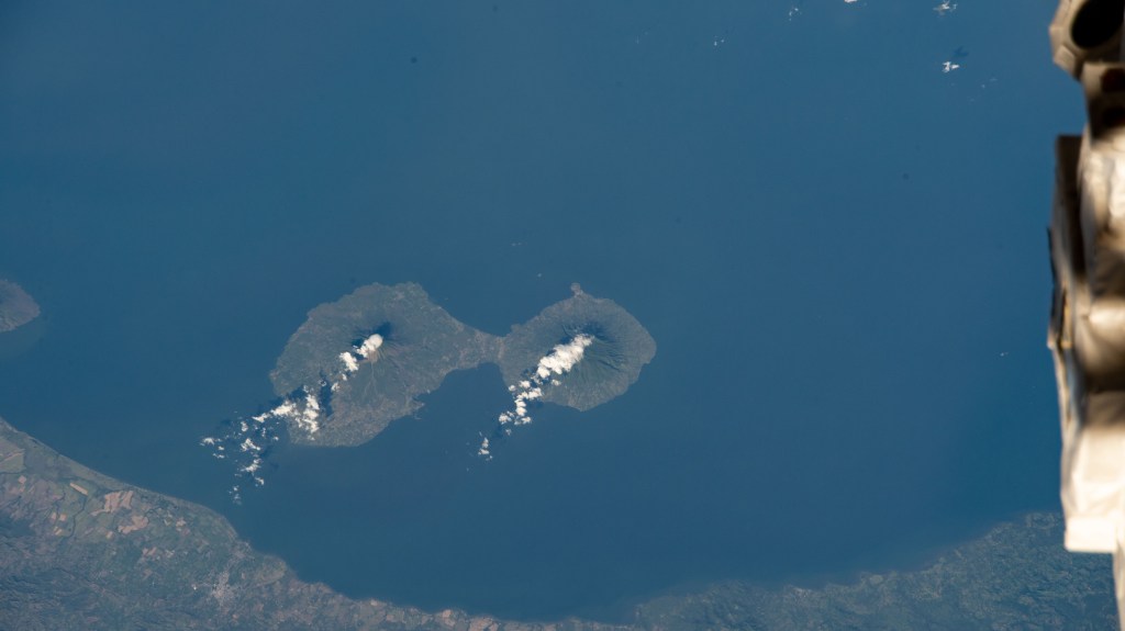iss068e041033 (Jan. 19, 2023) --- The island of Ometepe, pictured from the International Space Station at an altitude of 258 miles, in Lake Nicaragua is home to two volcanoes, including the active Concepción Volcano and the dormant Maderas Volcano.