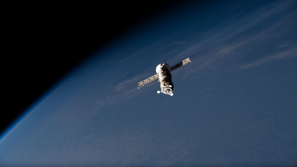 iss068e018241 (Oct. 23, 2022) --- The uncrewed ISS Progress 80 cargo craft is pictured departing the vicinity of the International Space Station after undocking from the orbiting lab's Poisk module. The trash-filled Progress 80 would reenter the Earth's atmosphere above the Pacific Ocean a few hours later for a fiery, but safe demise.