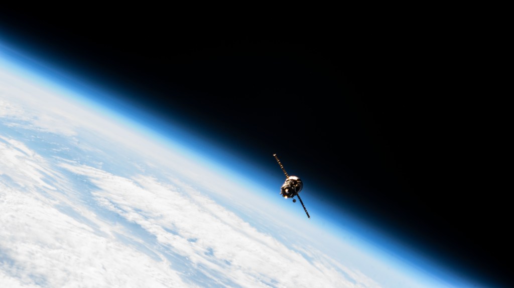 iss068e046973 (Feb. 7, 2023) --- The ISS Progress 81 resupply ship from Roscosmos is pictured 266 miles above the Pacific Ocean off the coast of the Kuril Islands- after undocking from the Zvezda service module's rear port. It would later reenter the Earth's atmosphere above the Pacific Ocean for a safe demise completing an eight-month International Space Station resupply mission.