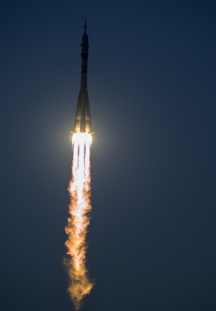 nhq202209210003 (Sept. 21, 2022) --- The Soyuz MS-22 rocket is launched to the International Space Station with Expedition 68 astronaut Frank Rubio of NASA, and cosmonauts Sergey Prokopyev and Dmitri Petelin of Roscosmos onboard, Wednesday, Sept. 21, 2022, from the Baikonur Cosmodrome in Kazakhstan. Rubio, Prokopyev, and Petelin will spend approximately six months on the orbital complex, returning to Earth in March 2023. Photo Credit: (NASA/Bill Ingalls)
