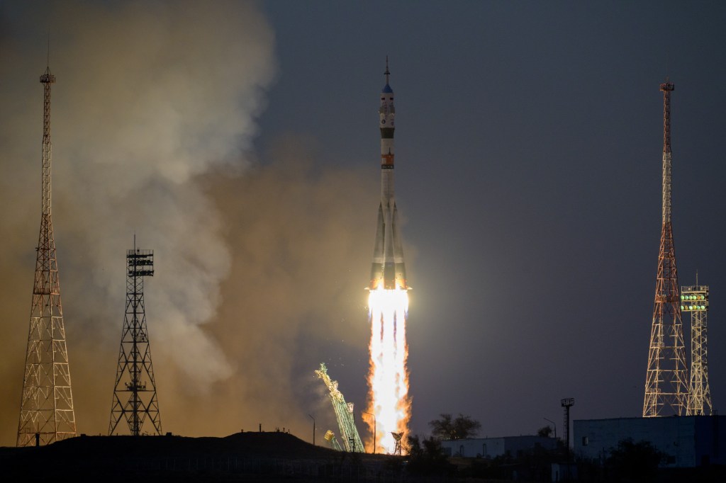 nhq202209210002 (Sept. 21, 2022) --- The Soyuz MS-22 rocket is launched to the International Space Station with Expedition 68 astronaut Frank Rubio of NASA, and cosmonauts Sergey Prokopyev and Dmitri Petelin of Roscosmos onboard, Wednesday, Sept. 21, 2022, from the Baikonur Cosmodrome in Kazakhstan. Rubio, Prokopyev, and Petelin will spend approximately six months on the orbital complex, returning to Earth in March 2023. Photo Credit: (NASA/Bill Ingalls)
