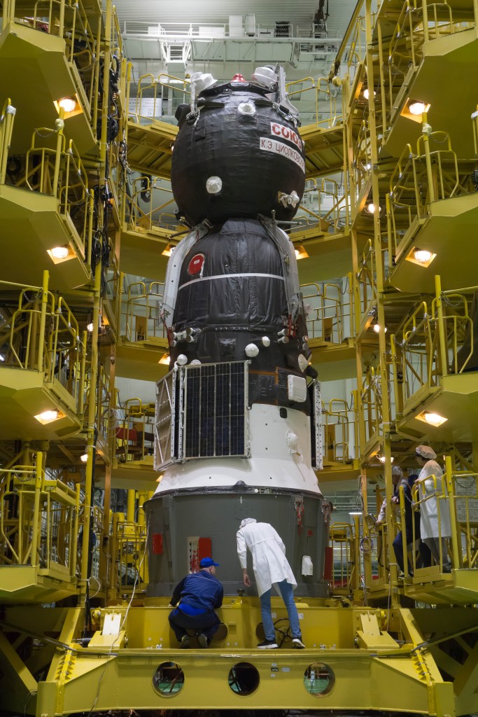 jsc2022e072273 (Sept. 13, 2022) --- In the Integration Facility at the Baikonur Cosmodrome in Kazakhstan, the Soyuz MS-22 spacecraft is shown in preparation for its encapsulation into the upper stage of its Soyuz booster rocket. NASA astronaut Frank Rubio is scheduled to launch with crewmates Roscosmos cosmonaut Sergey Prokopyev and Dmitri Petelin Sept. 21 for a six-month mission on the International Space Station. Credit: NASA/Victor Zelentsov.