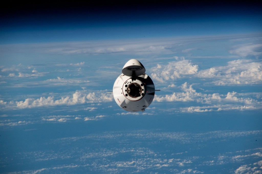 iss068e075343 (March 16, 2023) --- The SpaceX Dragon resupply ship approaches the International Space Station carrying more than 6,200 pounds of science experiments, crew supplies, and other cargo, to replenish the Expedition 68 crew. Both spacecraft were flying 269 miles above the Indian Ocean near Madagascar at the time of this photograph.