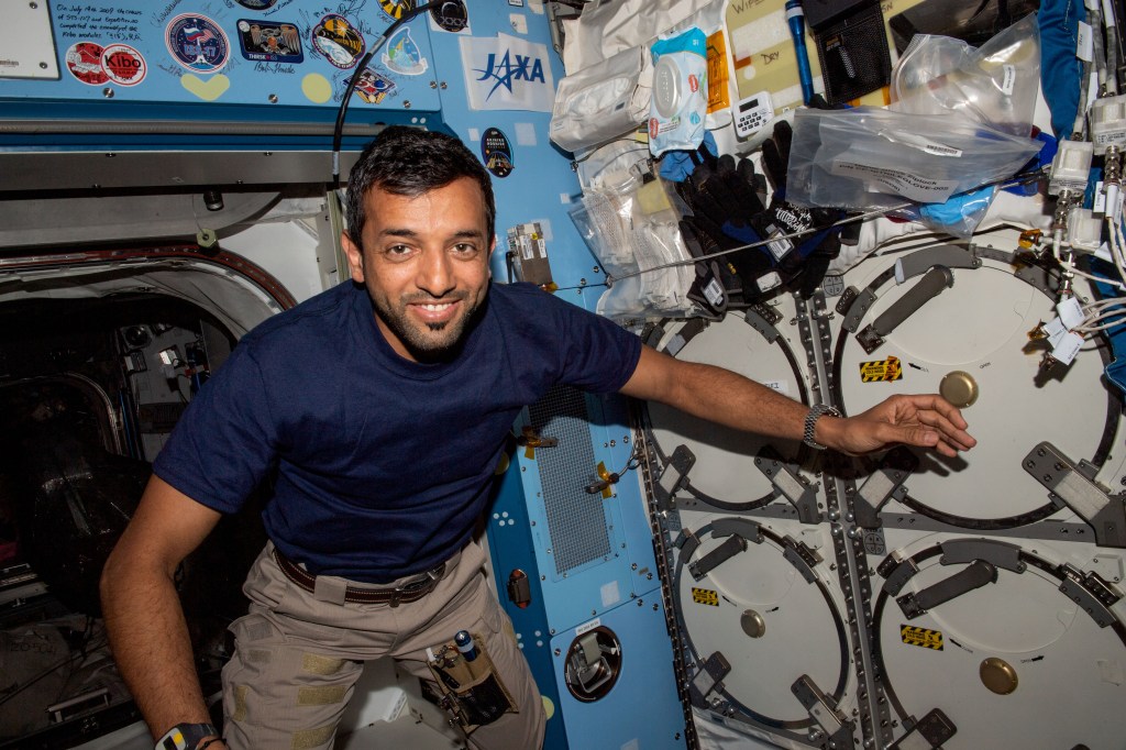 iss068e067448 (March 4, 2023) --- Expedition 68 Flight Engineer Sultan Alneyadi from UAE (United Arab Emirates) is pictured inside the Kibo laboratory module during his first week aboard the International Space Station.