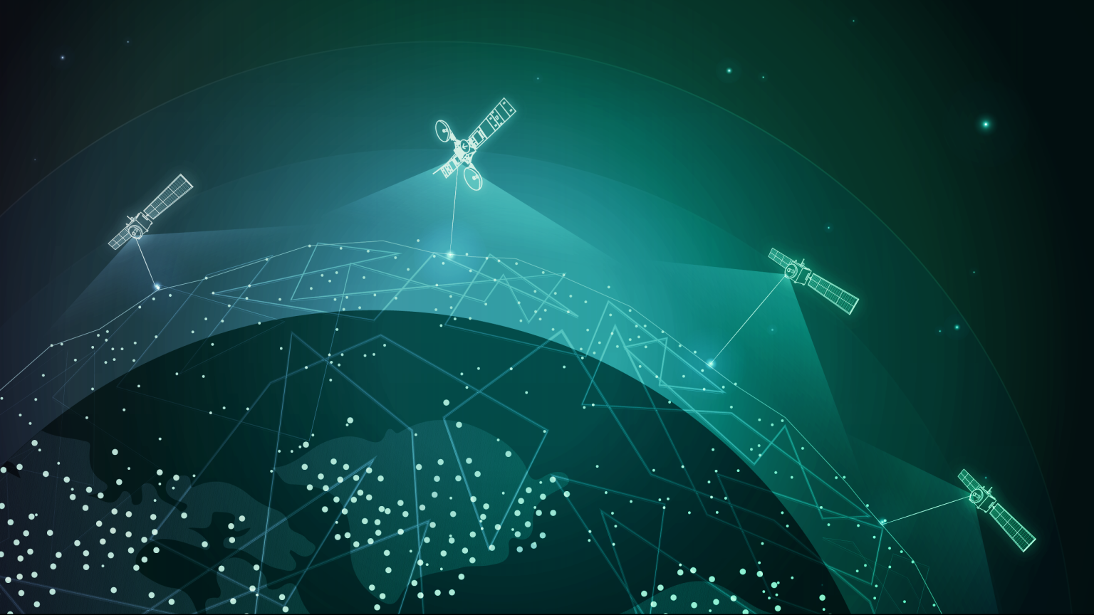 Alt Text: An artistic rendering. We see a line art representation of a satellite relay communicating with Earth over a deep dark green starry background. Three light green commercial satellites are seen surrounding the top half of the Earth, alongside one light green TDRS satellite. A thin bright green beam of light is shown connecting each satellite to Earth, as a way to represent the flow of data. The surface of the Earth is covered in many small dots connected by lines to represent communication nodes across near-Earth orbit and on Earth.