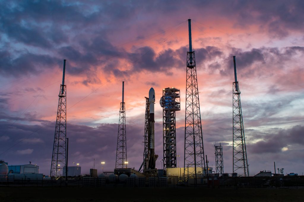 A SpaceX Falcon 9 rocket with NASA’s PACE (Plankton, Aerosol, Cloud, ocean Ecosystem) spacecraft stands vertical at Space Launch Complex 40 at Cape Canaveral Space Force Station in Florida on Monday, Feb. 5, 2024. PACE is NASA’s newest earth-observing satellite that will help increase our understanding of Earth’s oceans, atmosphere, and climate by delivering hyperspectral observations of microscopic marine organisms called phytoplankton as well new data on clouds and aerosols.