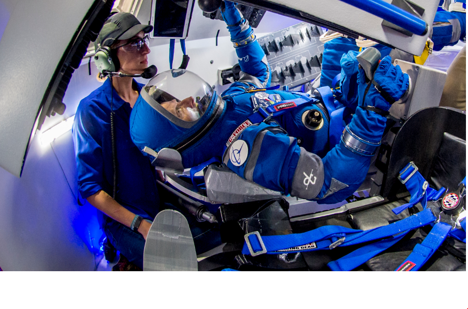 Boeing's Chris Ferguson wears Boeing's new spacesuit designed to be worn by astronauts flying on the CST-100 Starliner.