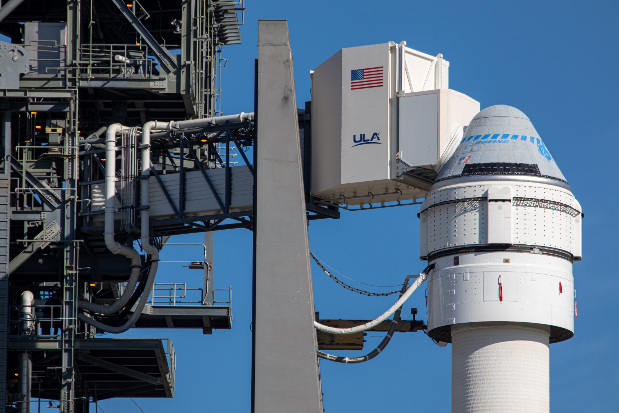 Boeing’s CST-100 Starliner spacecraft sits atop a United Launch Alliance Atlas V rocket at Cape Canaveral Air Force Station’s Space Launch Complex 41 in Florida.
