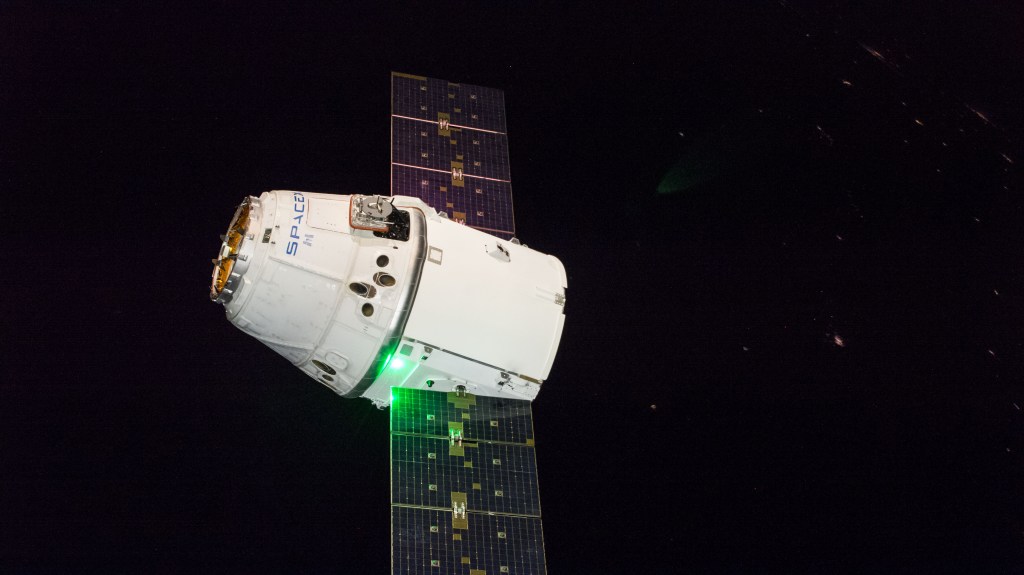 The SpaceX Dragon cargo craft slowly approaches the International Space Station. Astronauts Alexander Gerst and Serena Auñón-Chancellor were monitoring Dragon from inside the cupola and preparing to slowly reach out and grapple the cargo craft with the Canadarm2 robotic arm. Dragon, packed with over 5,600 pounds of cargo, completed a three-day trip to the International Space Station that began with a launch from Cape Canaveral Air Force Station in Florida and ended with its installation and hatch opening on the Harmony module.