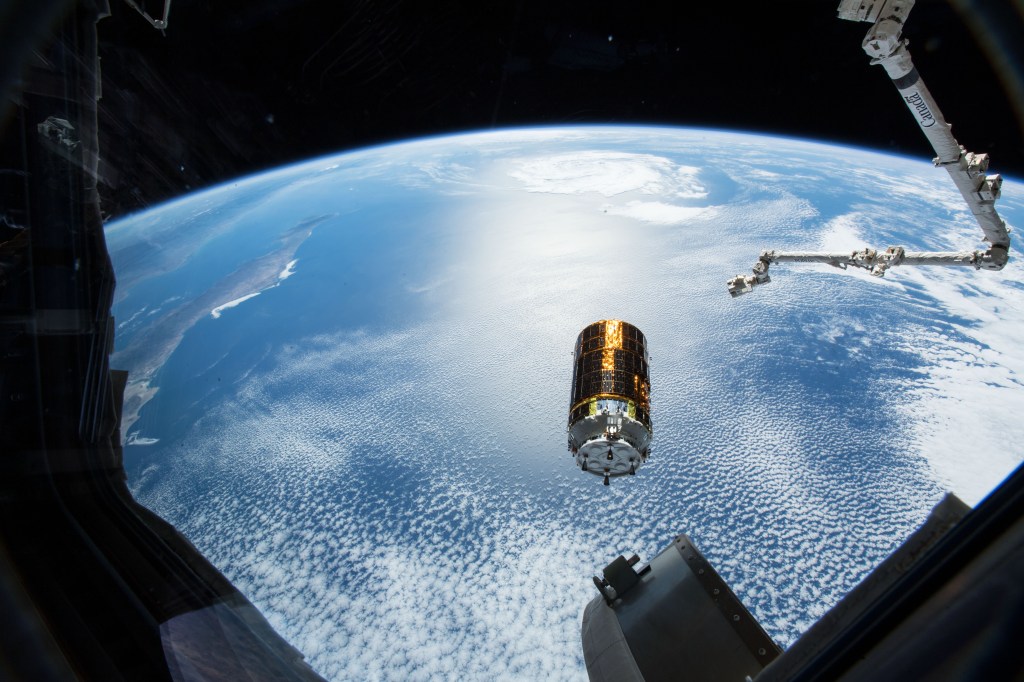 Japan's HTV-7 resupply ship is pictured after it was released from the grips of the Canadarm2 robotic arm. Both the HTV-7 and the International Space Station were orbiting about 254 miles above the Pacific Ocean and about 311 miles west of Baja California.