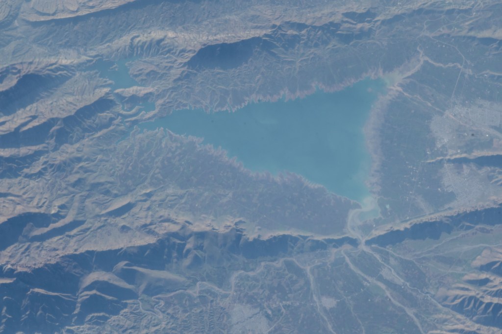 Lake Dukan in northern Iran near the border with Iraq is pictured as the International Space Station orbited 252 miles of above the Middle Eastern nations.