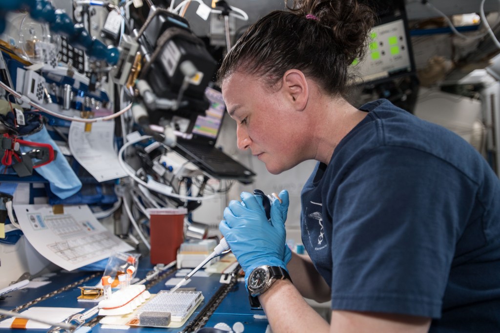 NASA astronaut Serena Auñón-Chancellor is pictured in the Japanese Kibo lab module mixing protein crystal samples to help scientists understand how they work. BioServe Protein Crystalography-1 (BPC-1) seeks to demonstrate the feasibility of conducting protein crystal growth in real time aboard the International Space Station. Crew members add solutions to the hardware, observe the crystals that form and adjust for follow-on experiments.