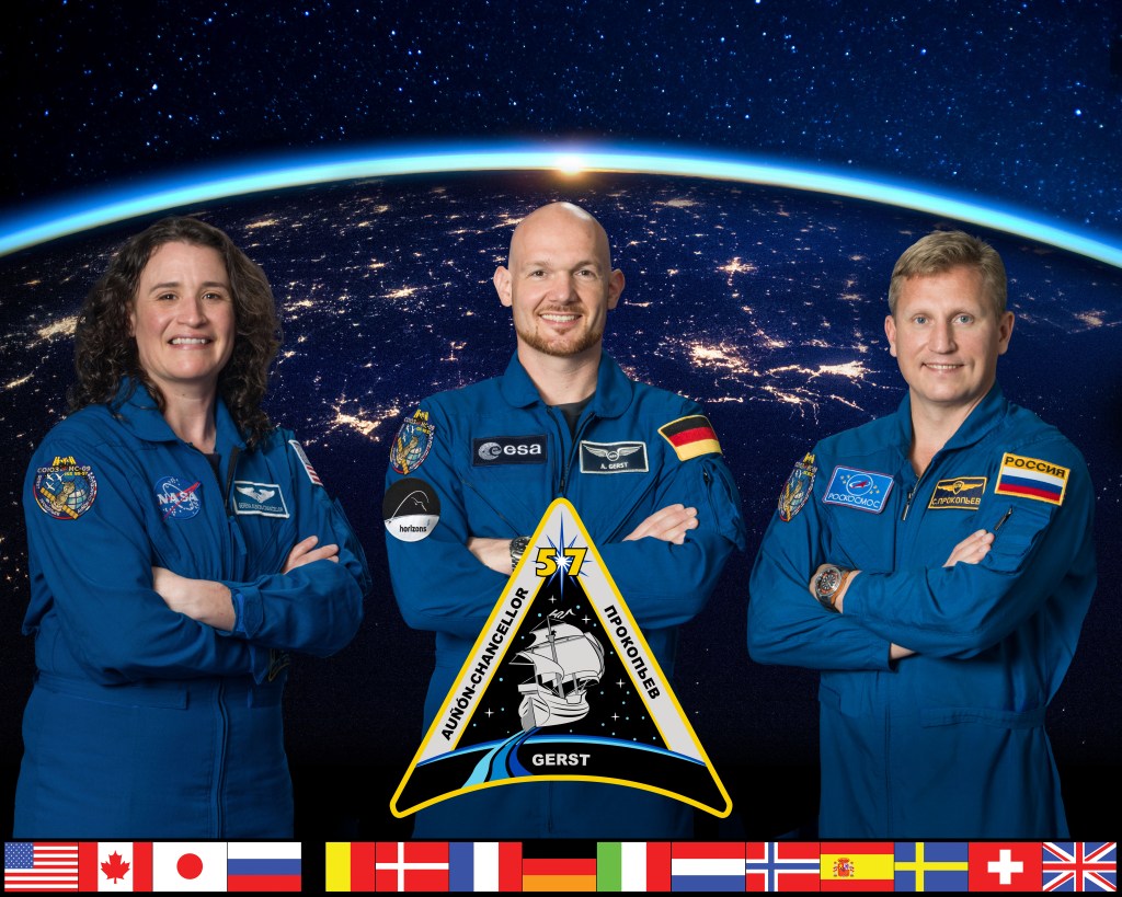 Official crew portrait of Expedition 57 crew members (from left) Serena Auñón-Chancellor of NASA, Alexander Gerst of ESA (European Space Agency) and Sergey Prokopyev of Roscosmos.