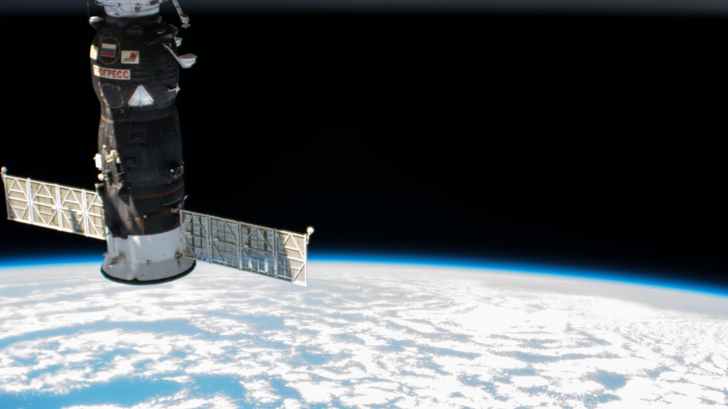 Russia's Progress 68 resupply ship is pictured docked to the Pirs docking compartment as the International Space Station orbited over the Atlantic Ocean south of the island of Bermuda.