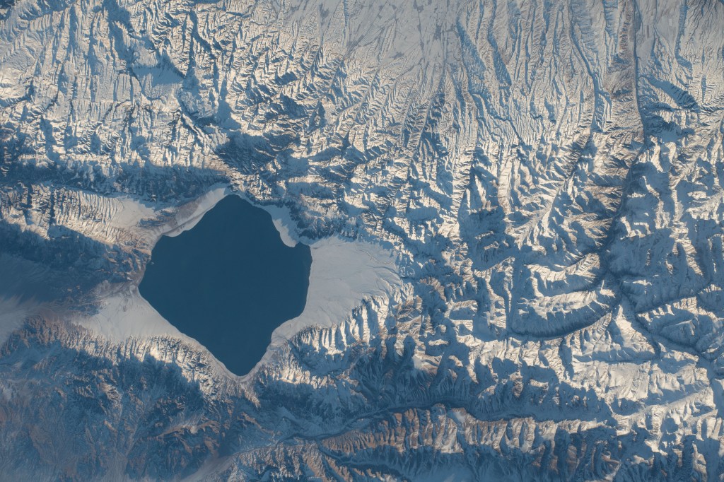 Sayram Lake is pictured in northwest China near the border with Kazakhstan as the International Space Station orbited 253 miles above the Asian continent.
