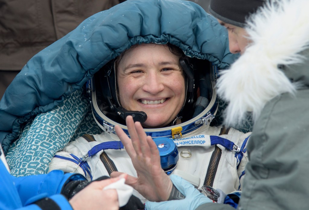 Serena Auñón-Chancellor of NASA rests in a chair after she Alexander Gerst of ESA (European Space Agency), and Sergey Prokopyev of Roscosmos, landed in their Soyuz MS-09 capsule in a remote area near the town of Zhezkazgan, Kazakhstan on Thursday, Dec. 20, 2018. Auñón-Chancellor, Gerst and Prokopyev are returning after 197 days in space where they served as members of the Expedition 56 and 57 crews onboard the International Space Station.