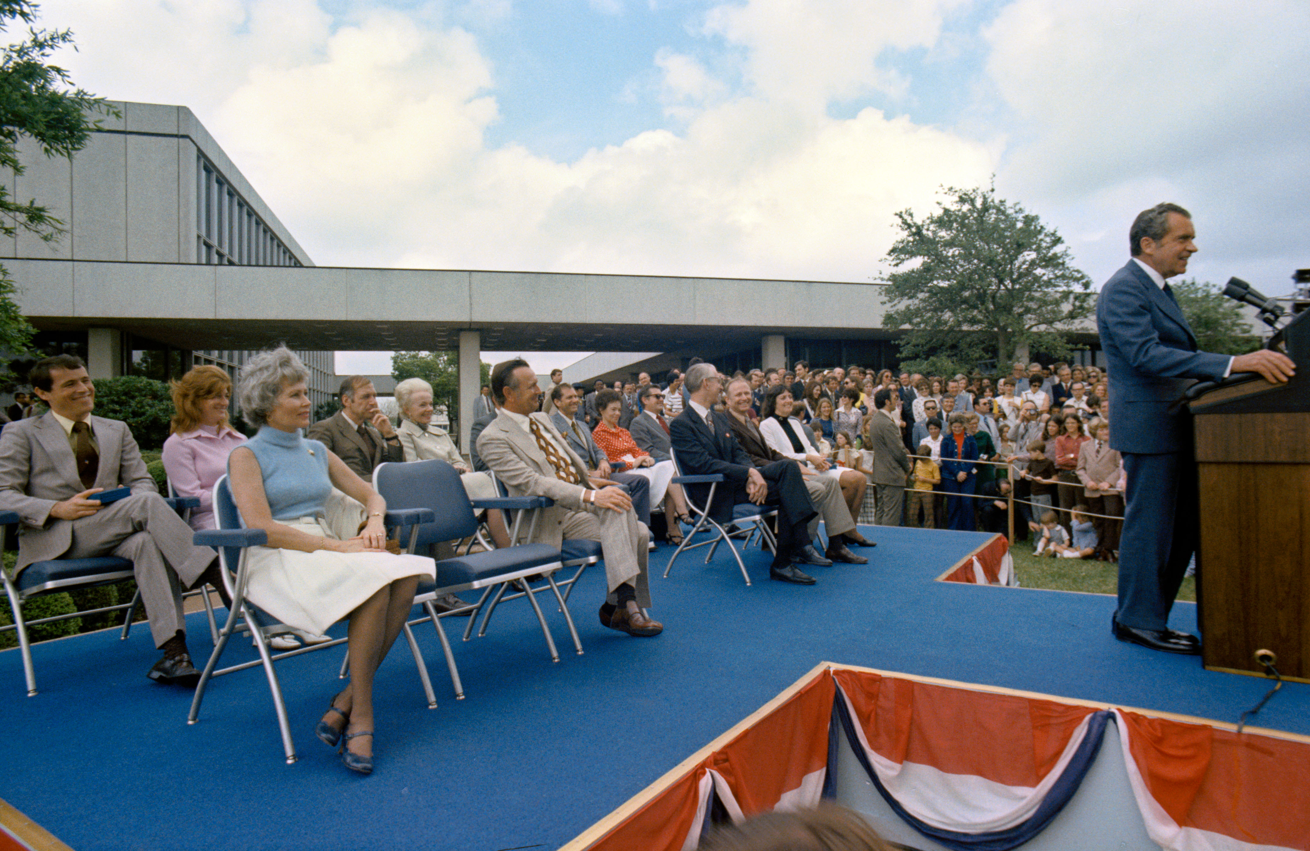 President Richard M. Nixon speaks to the assembled crowd at NASA's Johnson Space Center in Houston during the ceremony where he presented the Skylab 4 astronauts