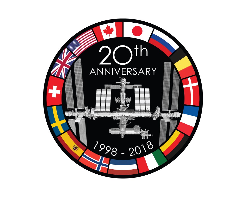 The 20th anniversary logo of the International Space Station. The Zarya module, the first element of the space station, was launched aboard a Proton-K rocket from Russia on Nov. 20, 1998 and placed into orbit several minutes later.
