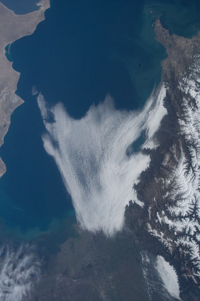 An Expedition 55 crew member aboard the International Space Station photographed a cloud formation over the Caspian Sea surrounded by the countries of Azerbaijan, Iran and Turkmenistan.