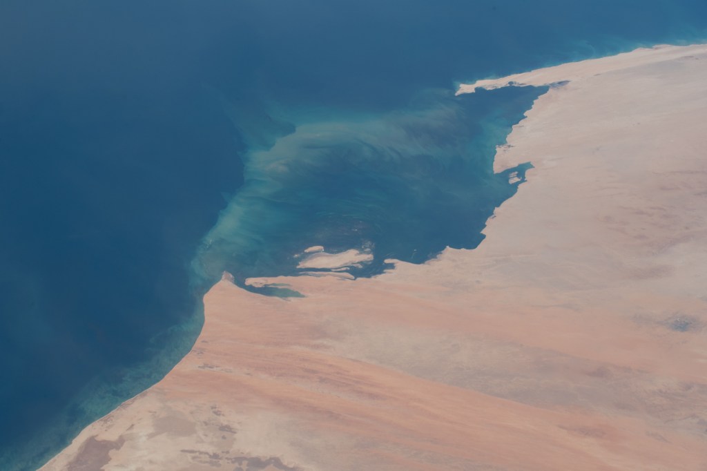 An Expedition 57 crew member photographed the desert coast of Mauritania on the Atlantic Ocean near the border with Western Sahara on the African continent.