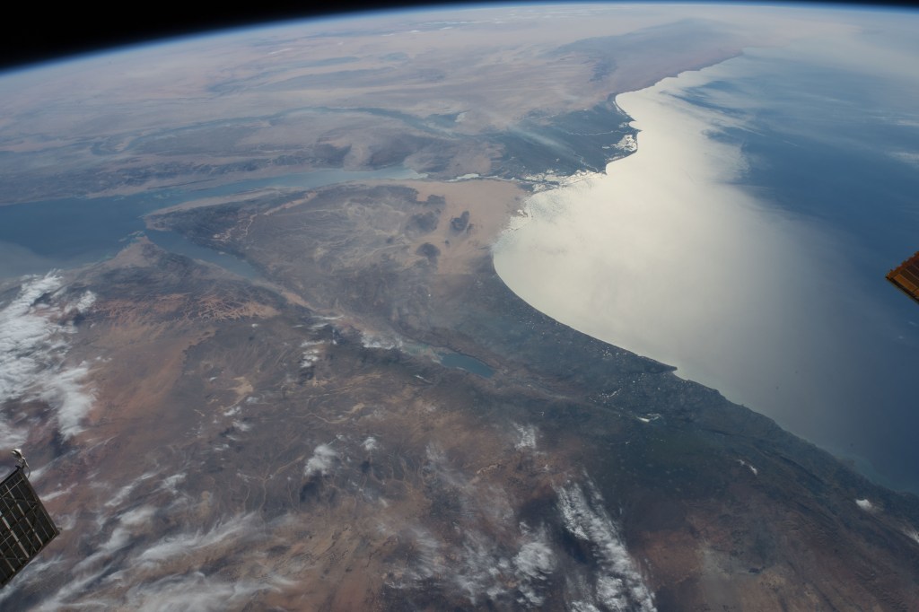 This view looking southwest over the Egyptian delta, the Nile River and the Mediterranean Sea was taken from the International Space Station as it was orbiting above the Middle Eastern nation of Jordan.