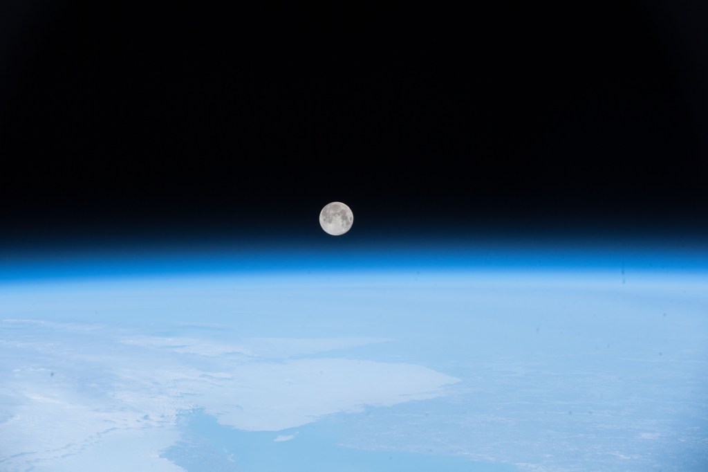 The full moon was pictured April 30, 2018 as the International Space Station orbited off the coast of Newfoundland, Canada.