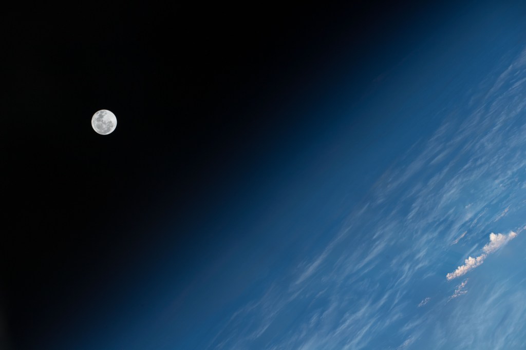 The Full Moon is pictured by an Expedition 57 crew member as the International Space Station orbited 251 miles above the Andaman and Nicobar Islands, territories of India, in the bay of Bengal.